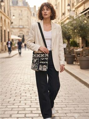 Textured Black & Cream Crossbody Bag with Adjustable Strap